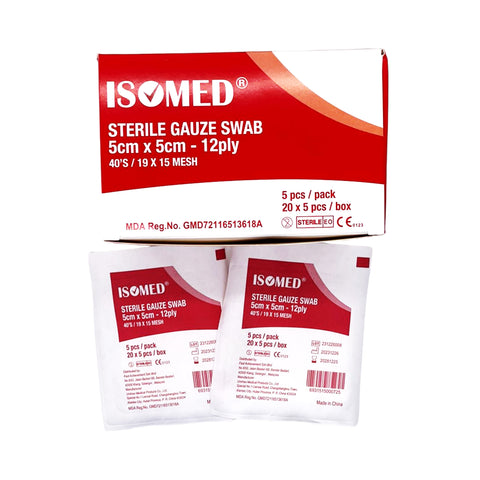 Sterile Gauze Swab 5cmx5cmx12ply 5pcsx20's