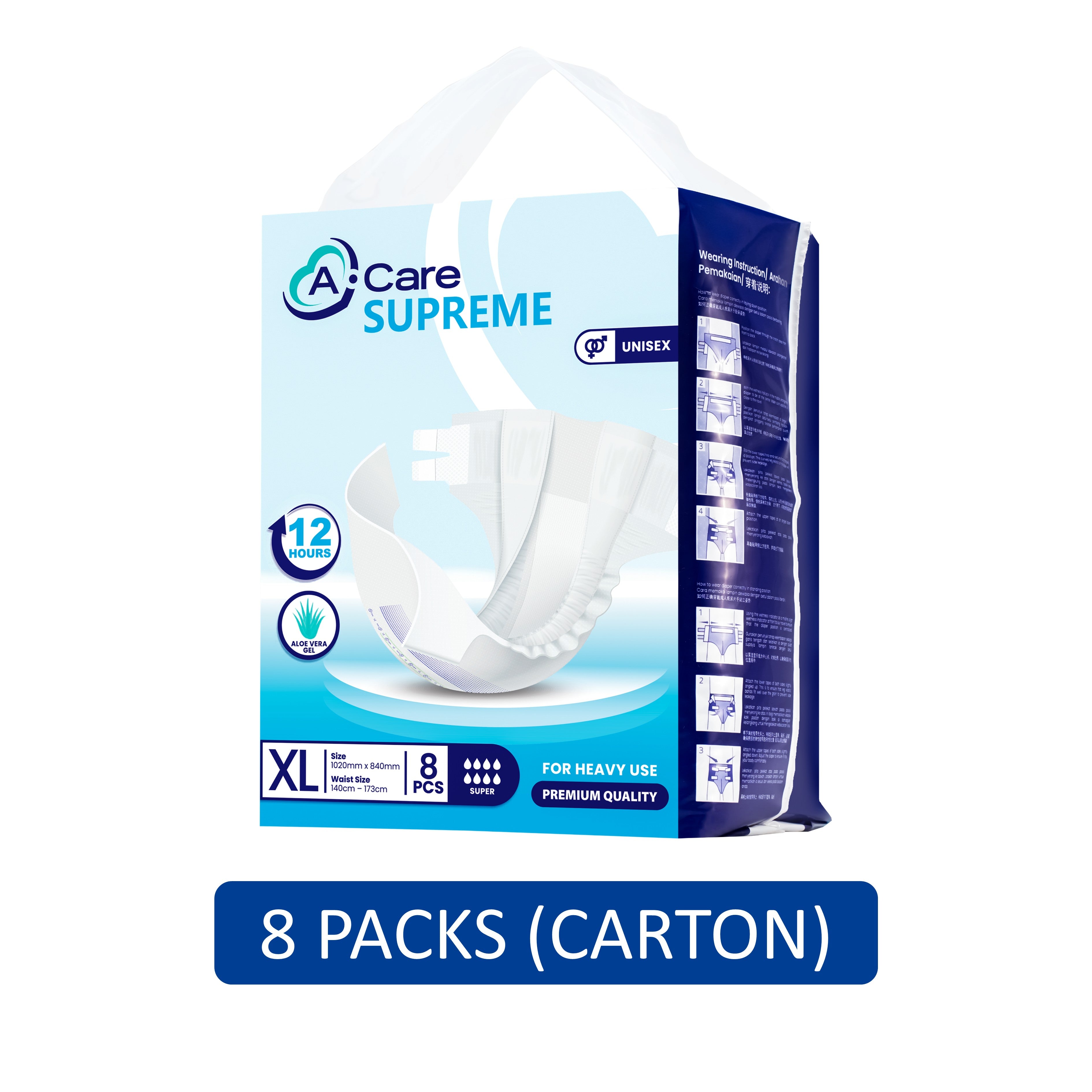 A-Care Supreme Adult Diapers Size XL 8's (140-173cm) [8 Packs/Carton]