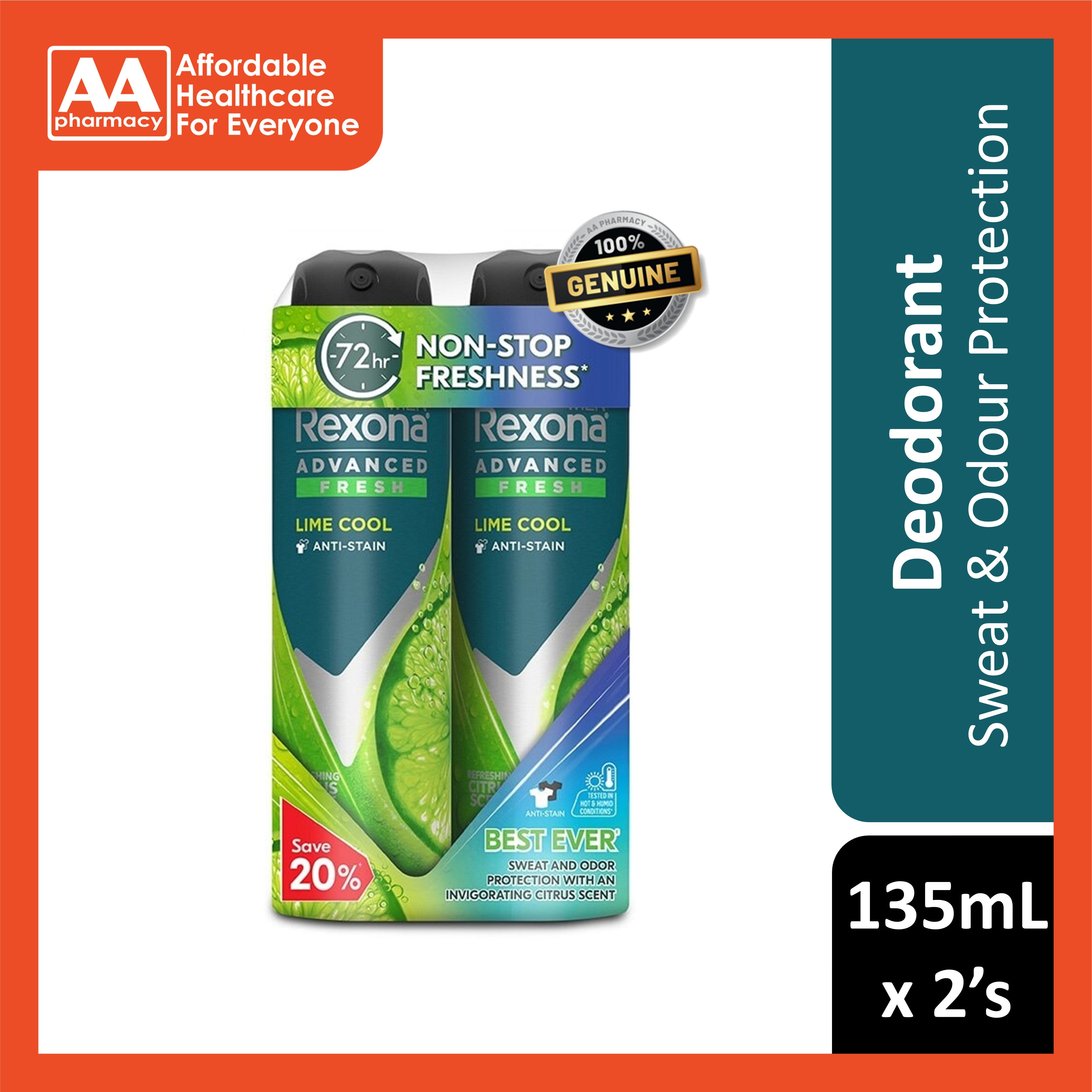 Rexona Men Antiperspirant Spray (Advanced Fresh Lime Cool) 135mLx2's [Twinpack]