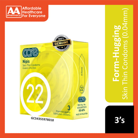 Care 22 Nipis Skin Thin Premium Quality Lubricated Condoms 3's