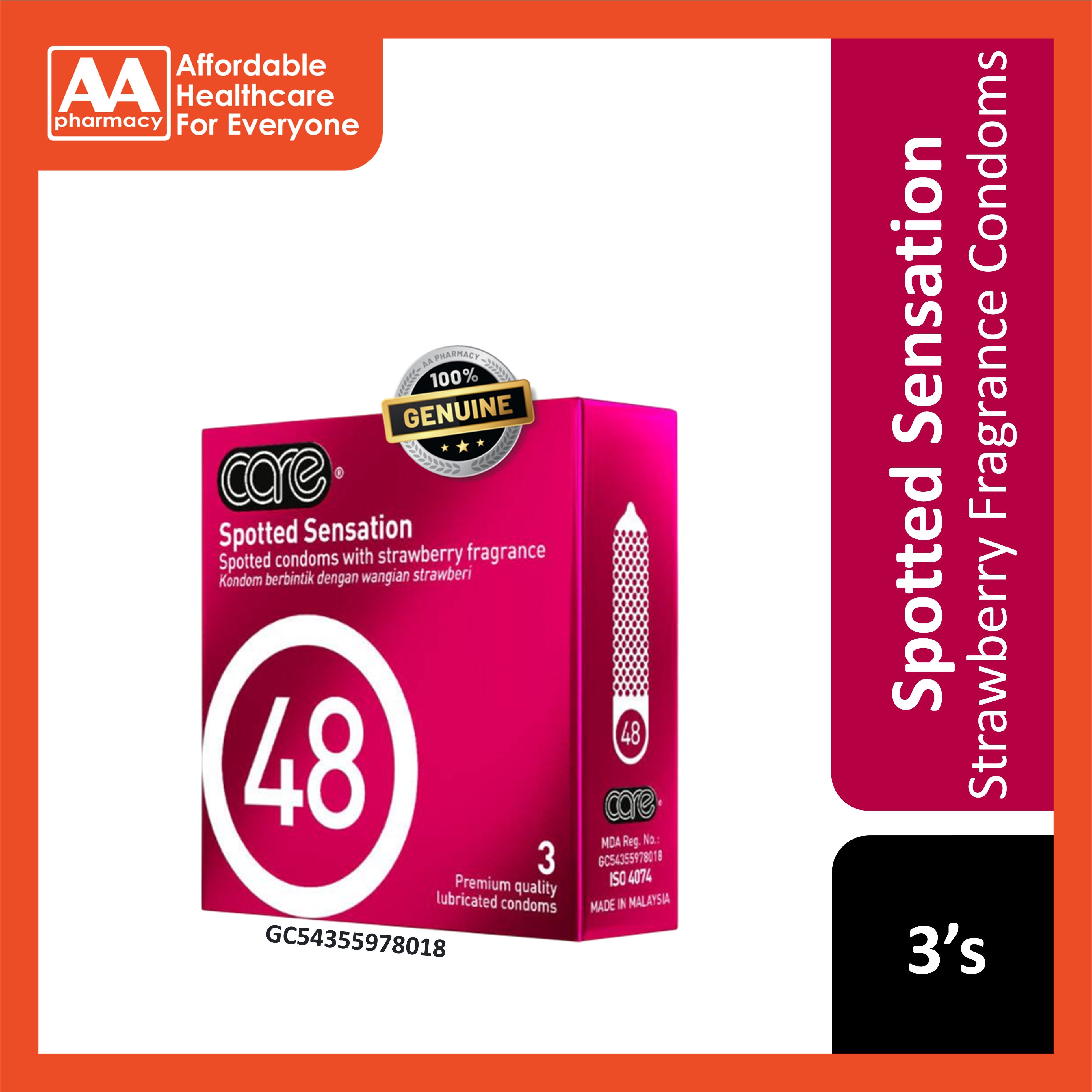 Care 48 Spotted Sensation Strawberry Fragrance Premium Quality Lubricated Condoms 3's