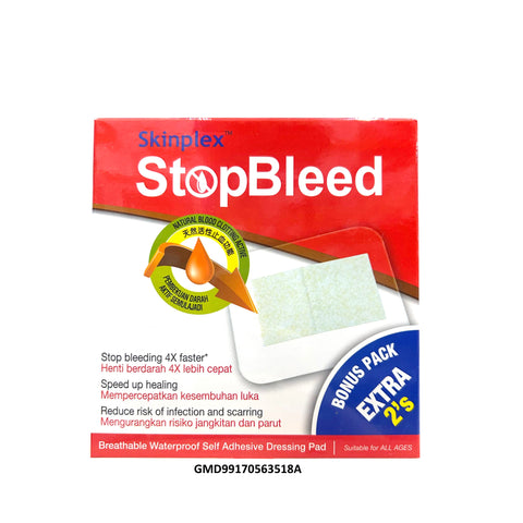 Skinplex StopBleed Breathable Waterproof Self Adhesive Dressing Pads 3's+2's