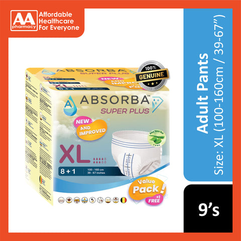 Absorba Super Plus Adult Pull Up Pants Size XL 9's (100-160cm / 39-67 inches) [New Packaging]