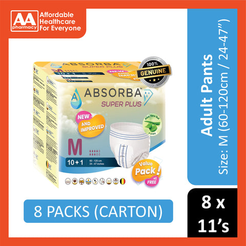 Absorba Super Plus Adult Pull Up Pants Size M 11's (60-120cm / 24-47 inches) [8 Packs/Carton] [New Packaging]