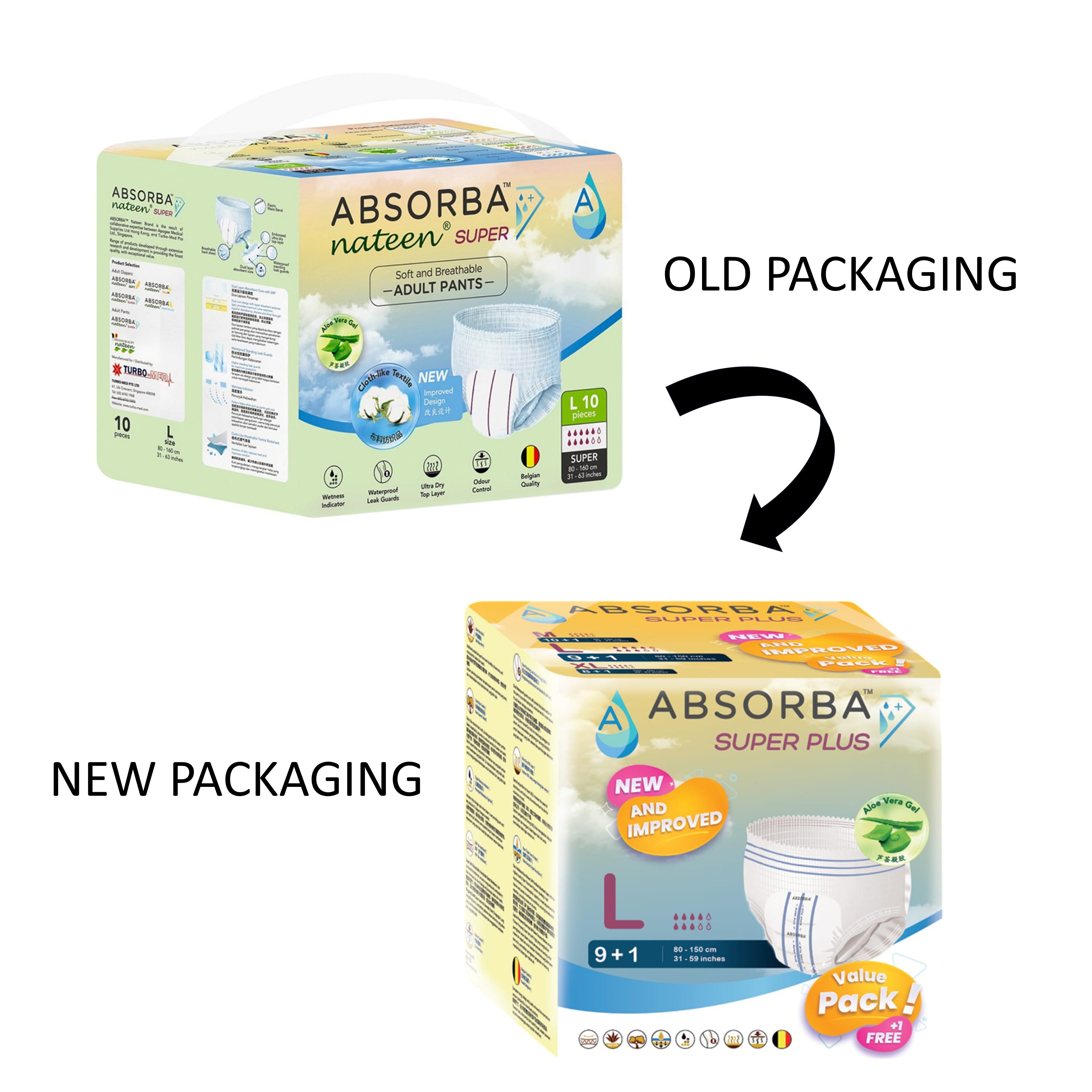 Absorba Super Plus Adult Pull Up Pants Size L 10's (80-150cm / 31-59 inches) [8 Packs/Carton] [New Packaging]