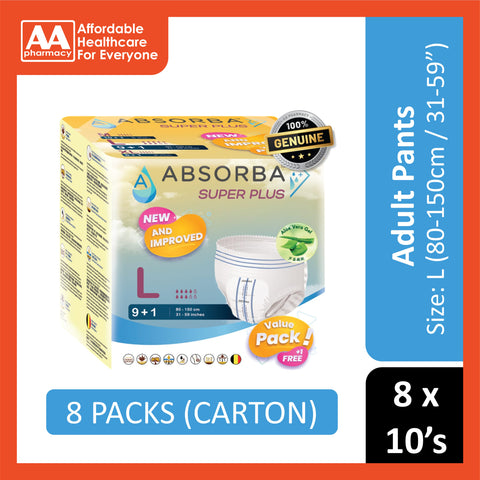 Absorba Super Plus Adult Pull Up Pants Size L 10's (80-150cm / 31-59 inches) [8 Packs/Carton] [New Packaging]