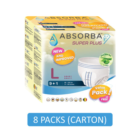 Absorba Super Plus Adult Pull Up Pants Size L 10's (80-150cm / 31-59 inches) [8 Packs/Carton] [New Packaging]