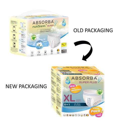 Absorba Super Plus Adult Pull Up Pants Size XL 9's (100-160cm / 39-67 inches) [8 Packs/Carton] [New Packaging]