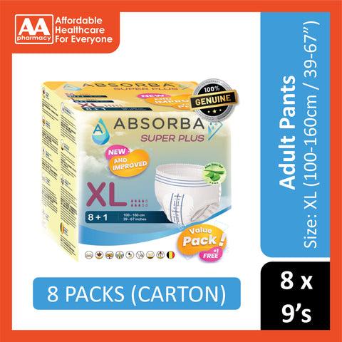 Absorba Super Plus Adult Pull Up Pants Size XL 9's (100-160cm / 39-67 inches) [8 Packs/Carton] [New Packaging]