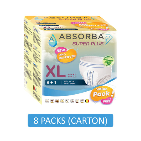 Absorba Super Plus Adult Pull Up Pants Size XL 9's (100-160cm / 39-67 inches) [8 Packs/Carton] [New Packaging]