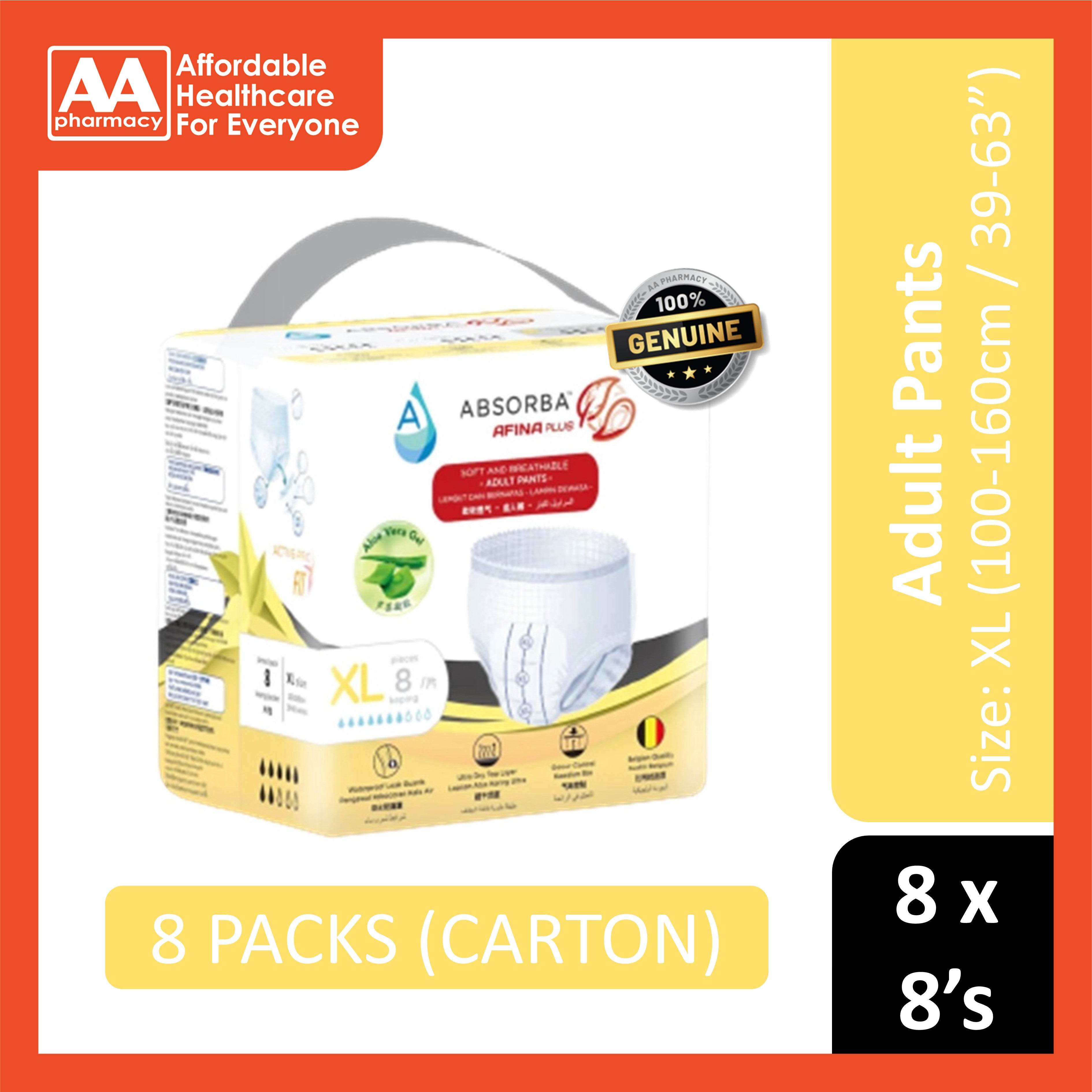 Absorba Afina Plus Adult Pull Up Pants Size XL 8's (100-160cm / 39-63 inches) [8 Packs/Carton]