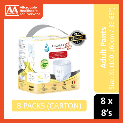 Absorba Afina Plus Adult Pull Up Pants Size XL 8's (100-160cm / 39-63 inches) [8 Packs/Carton]