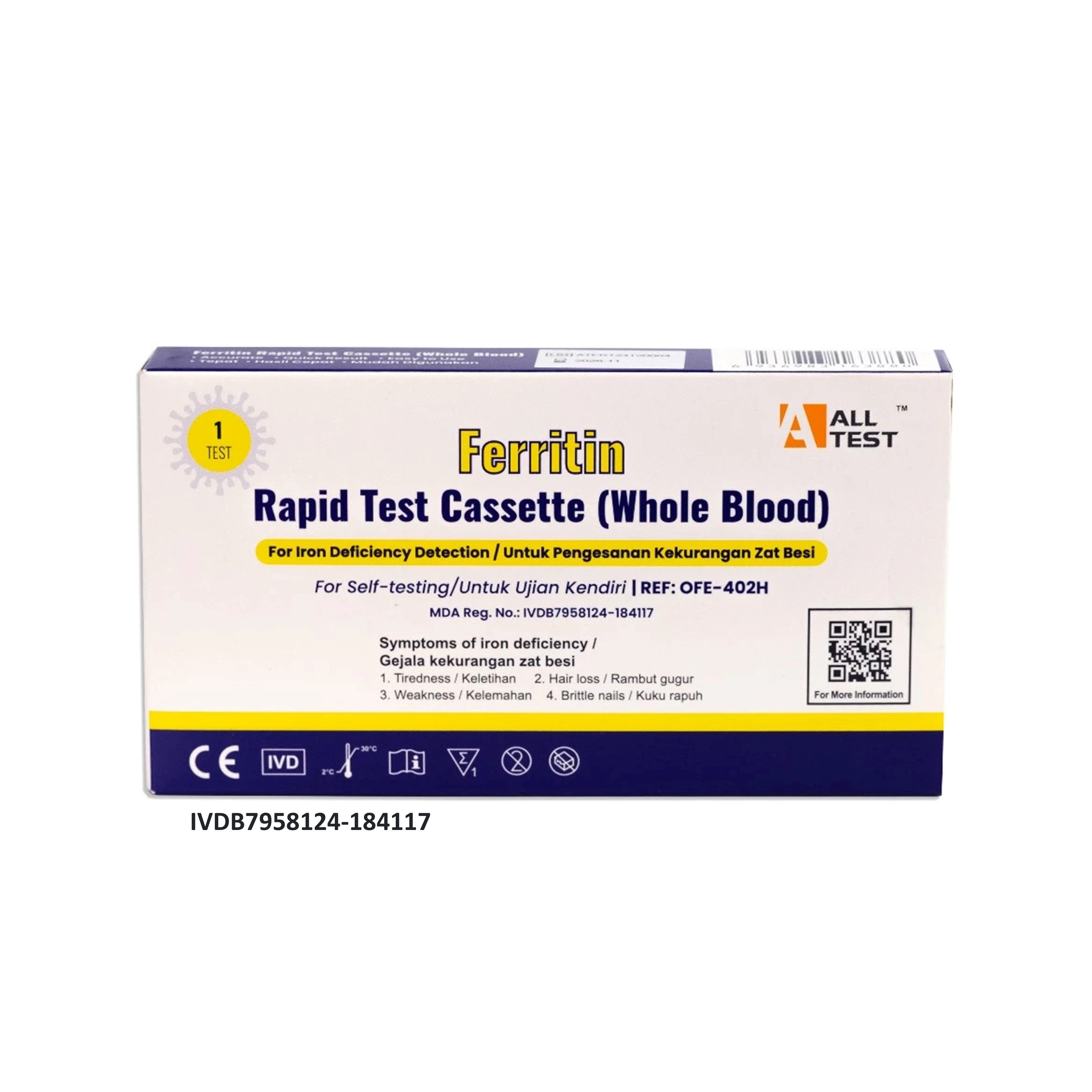 ALLTEST Ferritin Rapid Test Cassette (Whole Blood) 1's - Self-Testing for Iron Deficiency