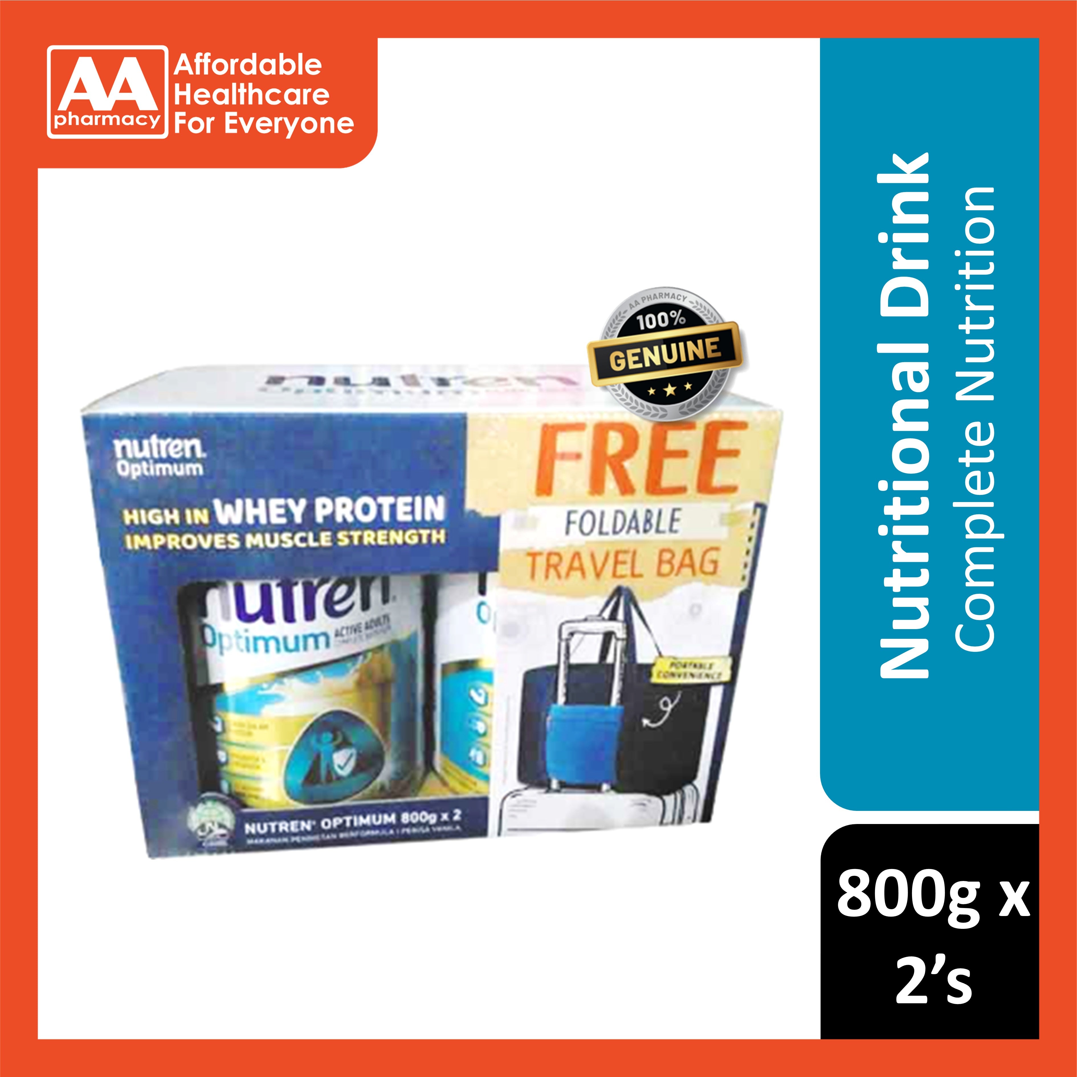 Nestlé Nutren Optimum 800gx2's (Vanilla Flavour) FOC Foldable Travel Bag [Value Pack]