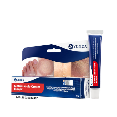 Avenex Clotrimazole Cream 1% w/w 10g (For Athlete's Foot, Ringworm, White Spots and Other Fungal Infections)