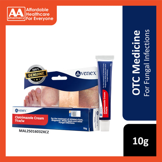 Avenex Clotrimazole Cream 1% w/w 10g (For Athlete's Foot, Ringworm, White Spots and Other Fungal Infections)