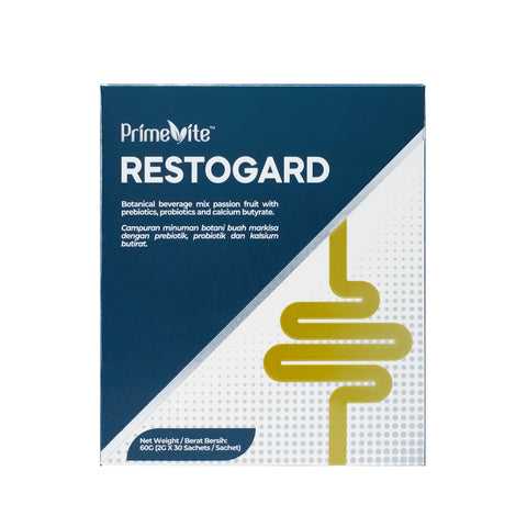 PrimeVite Restogard (Botanical Beverage Mix Passion Fruit with Prebiotics, Probiotics and Calcium Butyrate) 2gx30's