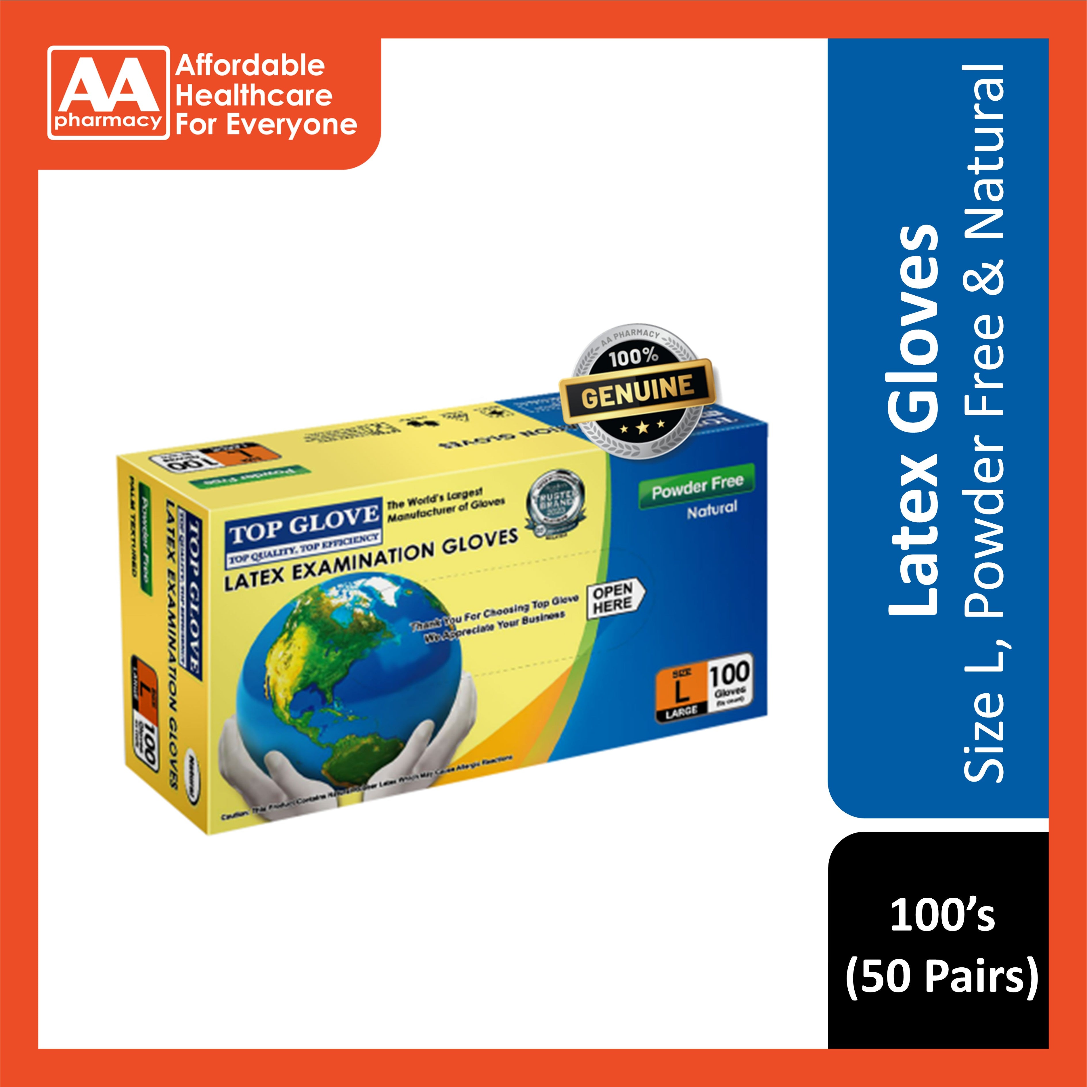 Top Glove Latex Examination Gloves (Powder Free) Size L 100's (50 Pairs)
