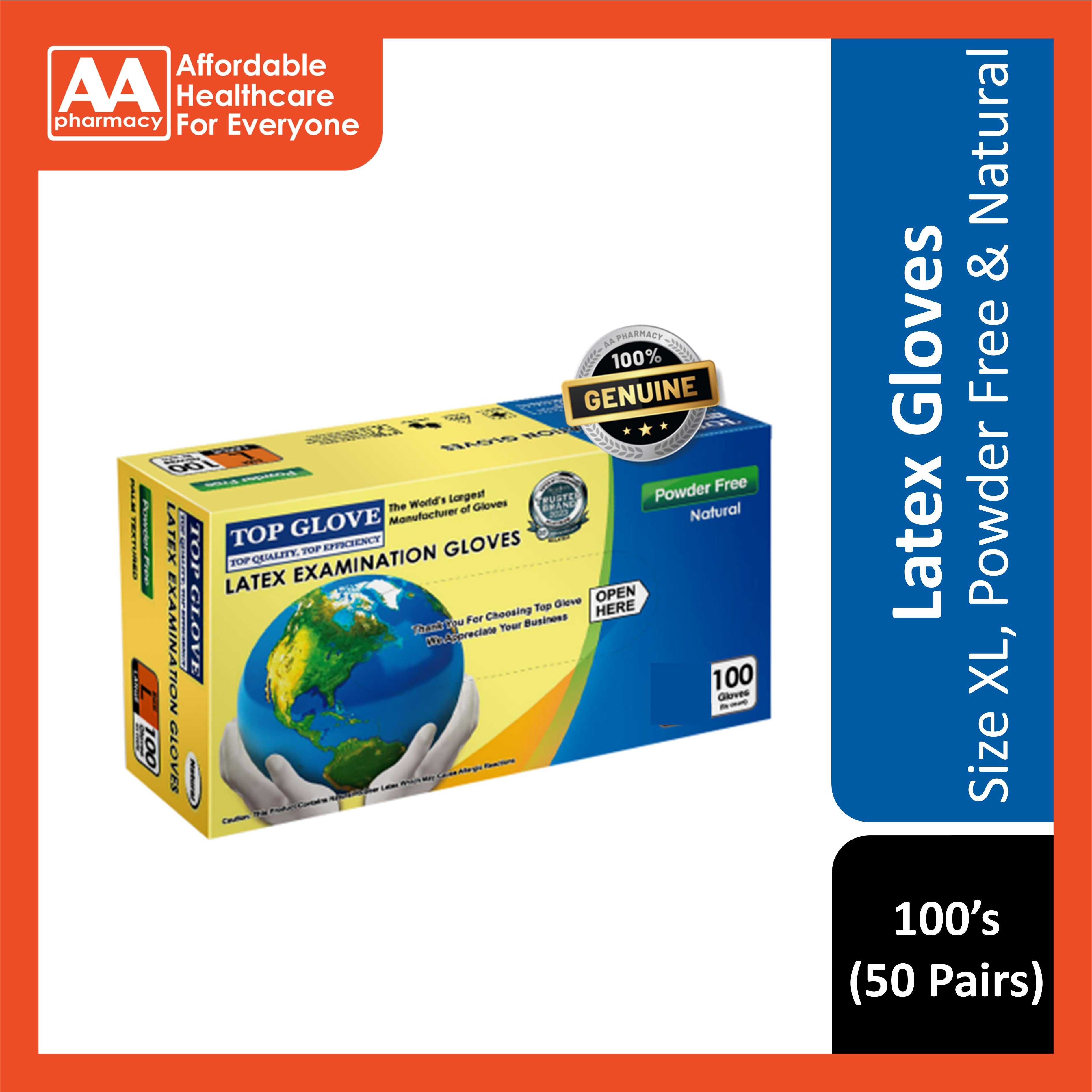Top Glove Latex Examination Gloves (Powder Free) Size XL 100's (50 Pairs)
