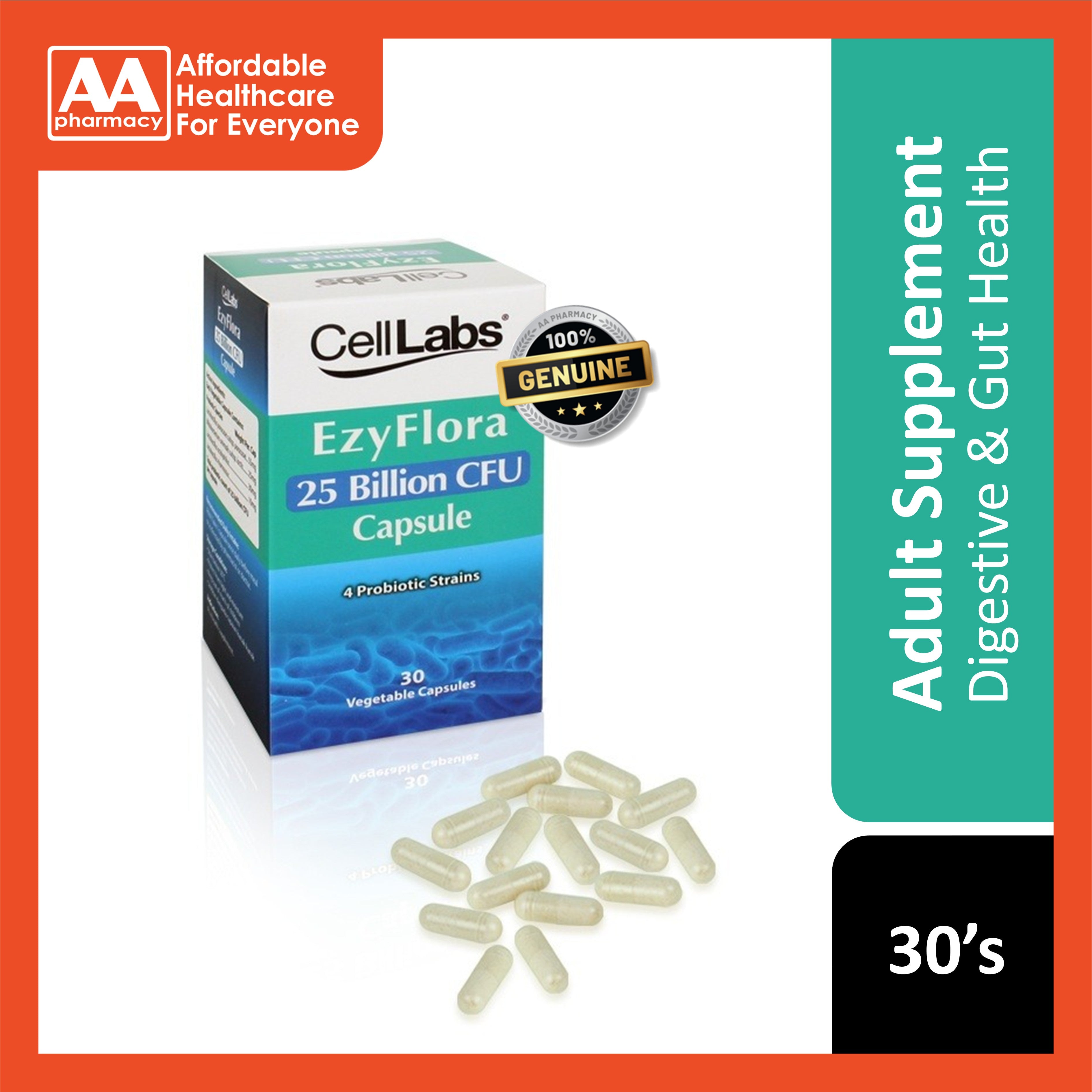 CellLabs EzyFlora 25 Billion CFU (4 Probiotic Strains) Vegecapsule 30's