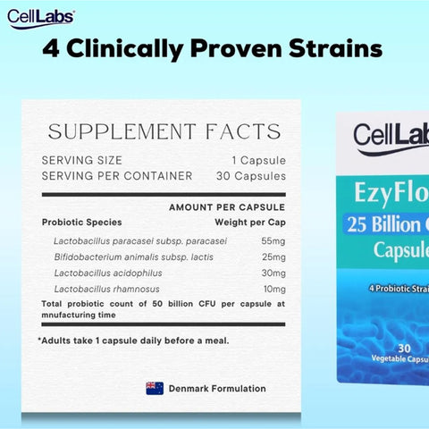 CellLabs EzyFlora 25 Billion CFU (4 Probiotic Strains) Vegecapsule 30's