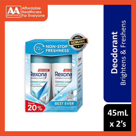 Rexona Motion Activated Antiperspirant Roll On (Shower Clean + Brightening) 45mLx2's [Twinpack]