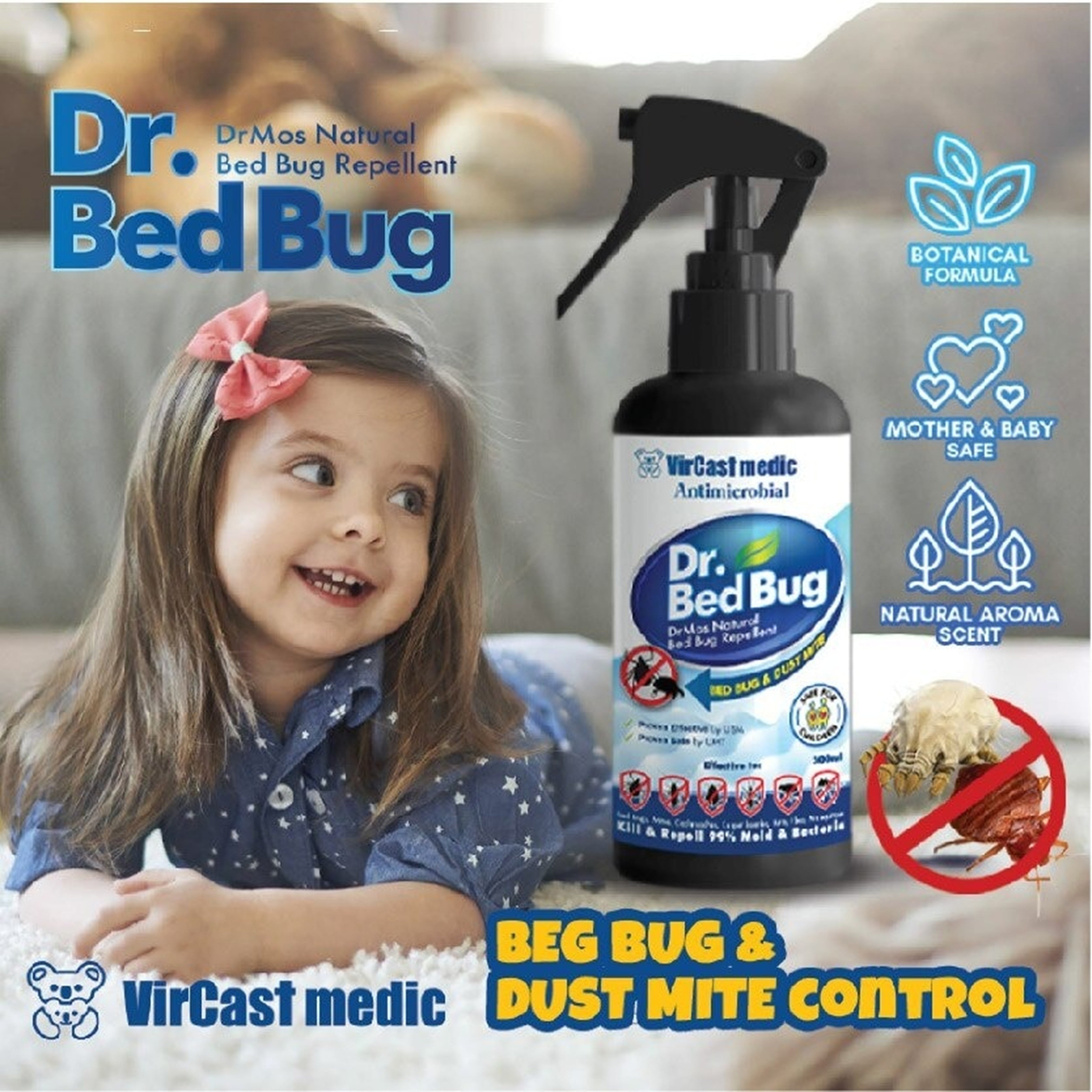 VirCast Medic Antimicrobial Dr. Bed Bug Natural Bed Bug and Dust Mite Repellent Spray (300ml)
