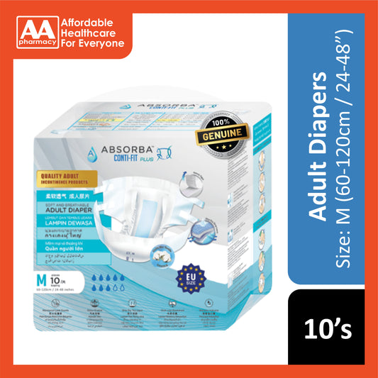 Absorba Conti-Fit Plus Adult Diapers Size M 10's (60-120cm / 24-48 inches)