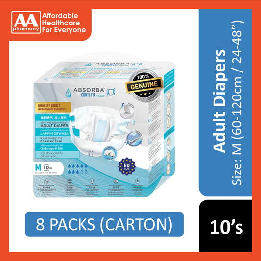 Absorba Conti-Fit Plus Adult Diapers Size M 10's (60-120cm / 24-48 inches) [8 Packs/Carton]