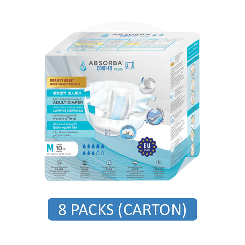 Absorba Conti-Fit Plus Adult Diapers Size M 10's (60-120cm / 24-48 inches) [8 Packs/Carton]