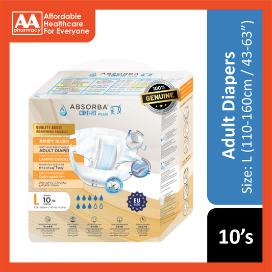 Absorba Conti-Fit Plus Adult Diapers Size L 10's (110-160cm / 43-63 inches)