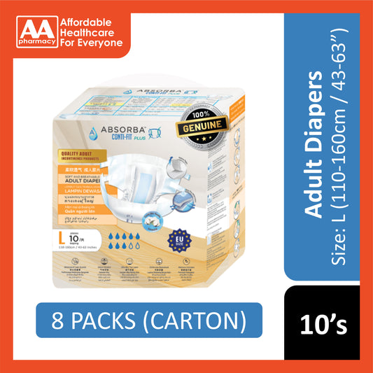 Absorba Conti-Fit Plus Adult Diapers Size L 10's (110-160cm / 43-63 inches) [8 Packs/Carton]