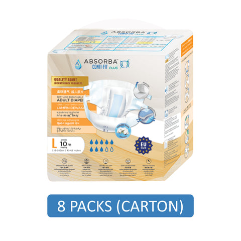 Absorba Conti-Fit Plus Adult Diapers Size L 10's (110-160cm / 43-63 inches) [8 Packs/Carton]