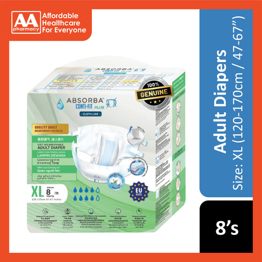 Absorba Conti-Fit Plus Adult Diapers Size XL 8's (120-170cm / 47-67 inches)