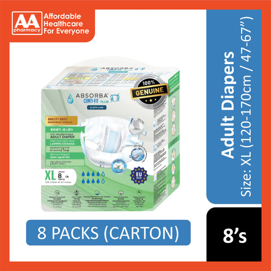Absorba Conti-Fit Plus Adult Diapers Size XL 8's (120-170cm / 47-67 inches) [8 Packs/Carton]
