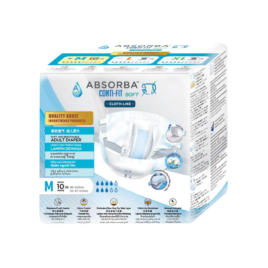 Absorba Conti-Fit Soft Adult Diapers Size M 10's (80-120cm / 31-47 inches)