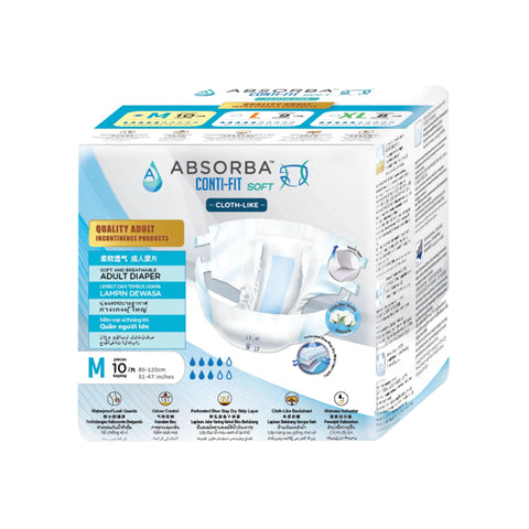 Absorba Conti-Fit Soft Adult Diapers Size M 10's (80-120cm / 31-47 inches)