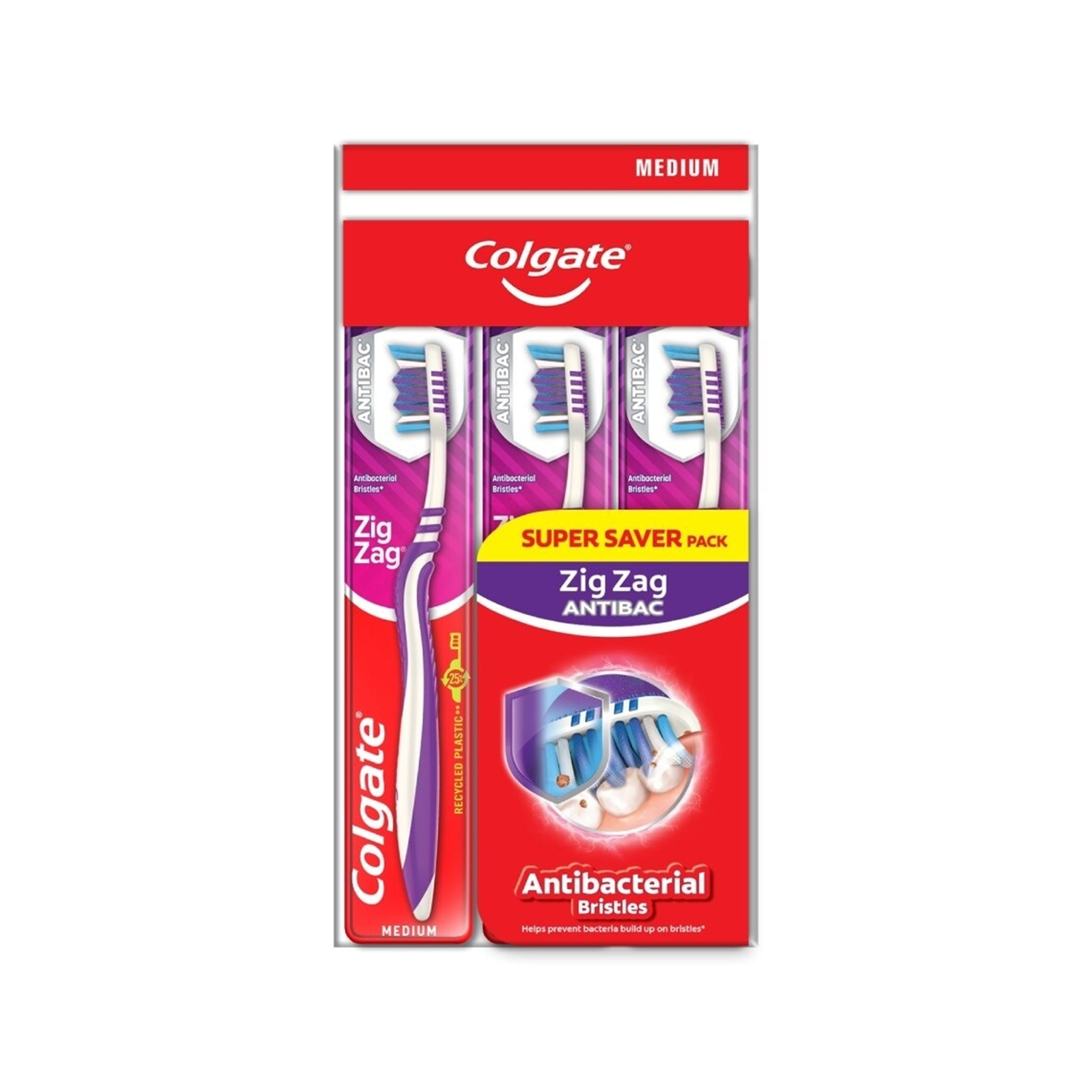 Colgate Toothbrush (Zig Zag Antibacterial Bristles, Medium) 3's