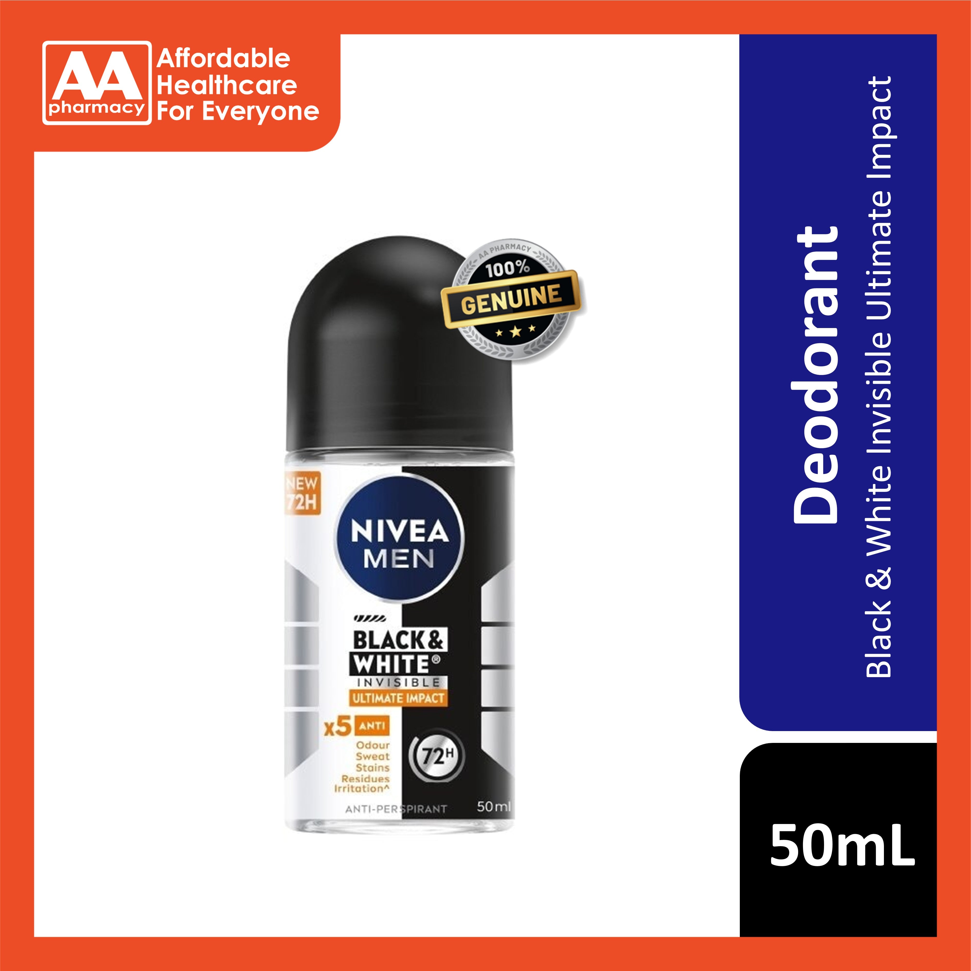 Nivea Men Black and White Invisible Ultimate Impact 72H Anti-Perspirant Roll On 50mL
