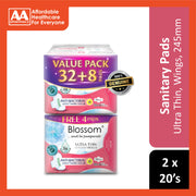 Blossom Sanitary Pads (Ultra Thin, Day Use, Wings, 245mm) 2x20’s [Twinpack]