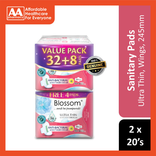 Blossom Sanitary Pads (Ultra Thin, Day Use, Wings, 245mm) 2x20’s [Twinpack]
