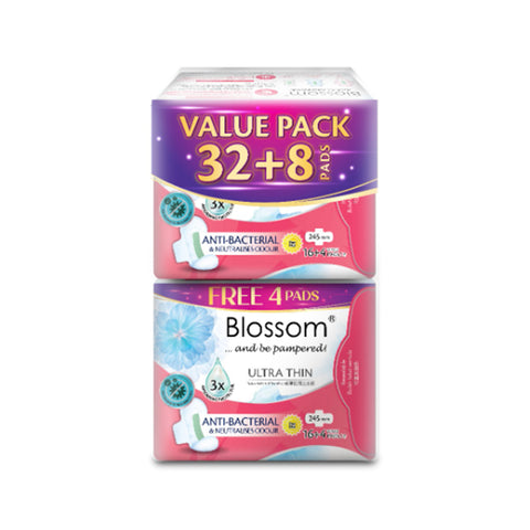 Blossom Sanitary Pads (Ultra Thin, Day Use, Wings, 245mm) 2x20’s [Twinpack]