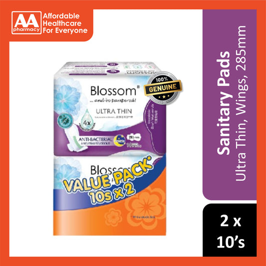 Blossom Sanitary Pads (Ultra Thin, Night Use, Wings, 285mm) 2x10’s [Twinpack]