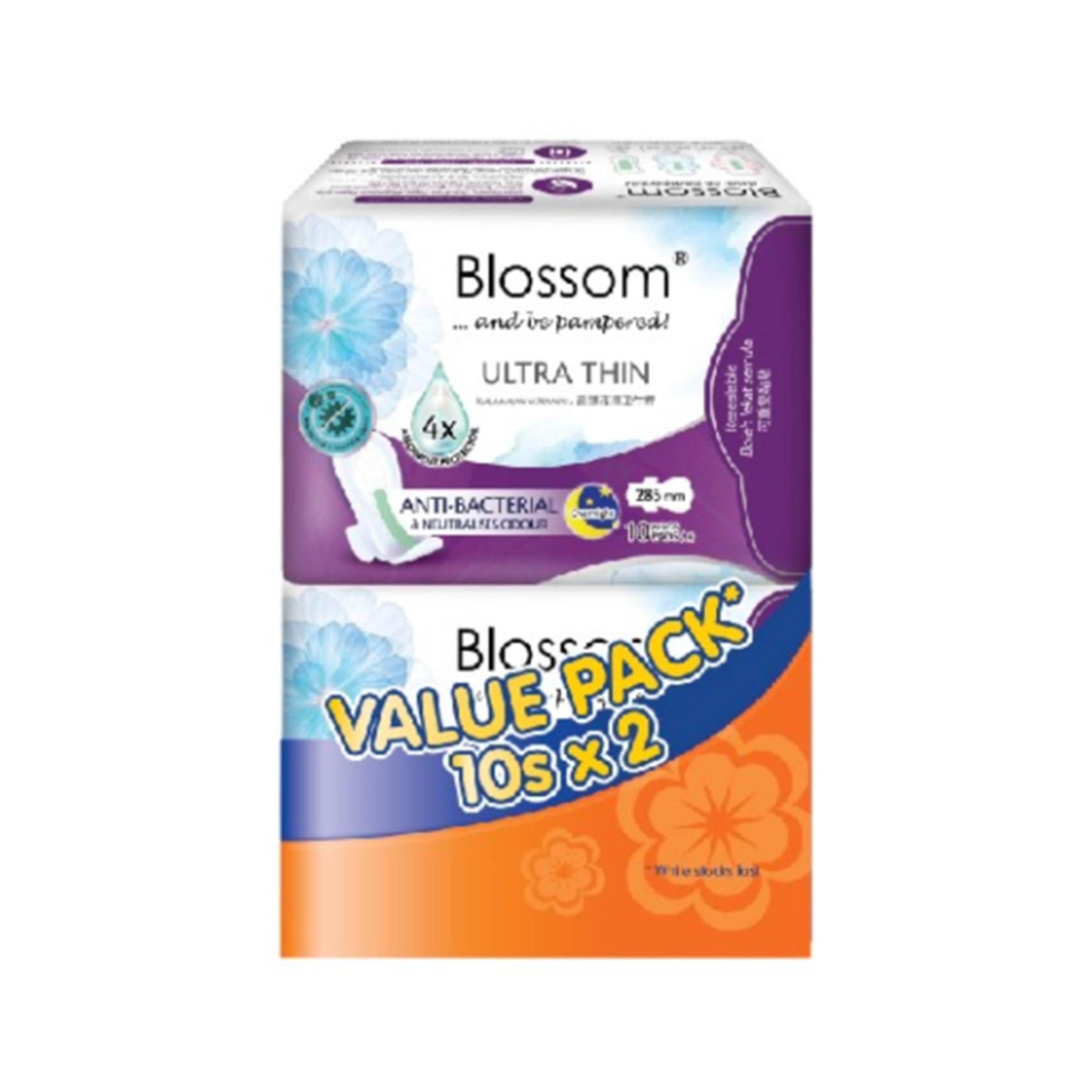 Blossom Sanitary Pads (Ultra Thin, Night Use, Wings, 285mm) 2x10’s [Twinpack]