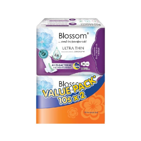 Blossom Sanitary Pads (Ultra Thin, Night Use, Wings, 285mm) 2x10’s [Twinpack]