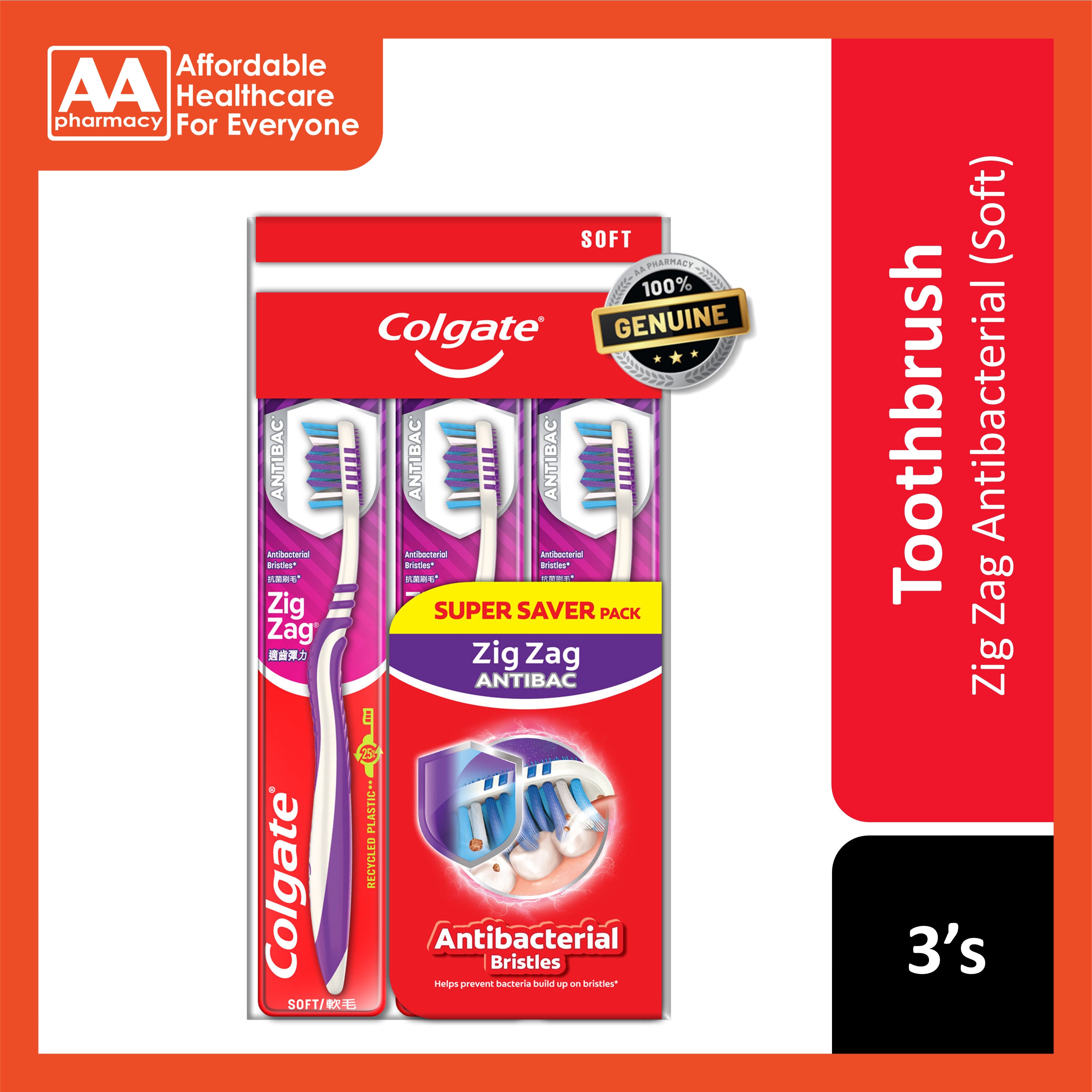 Colgate Toothbrush (Zig Zag Antibacterial Bristles, Soft) 3's