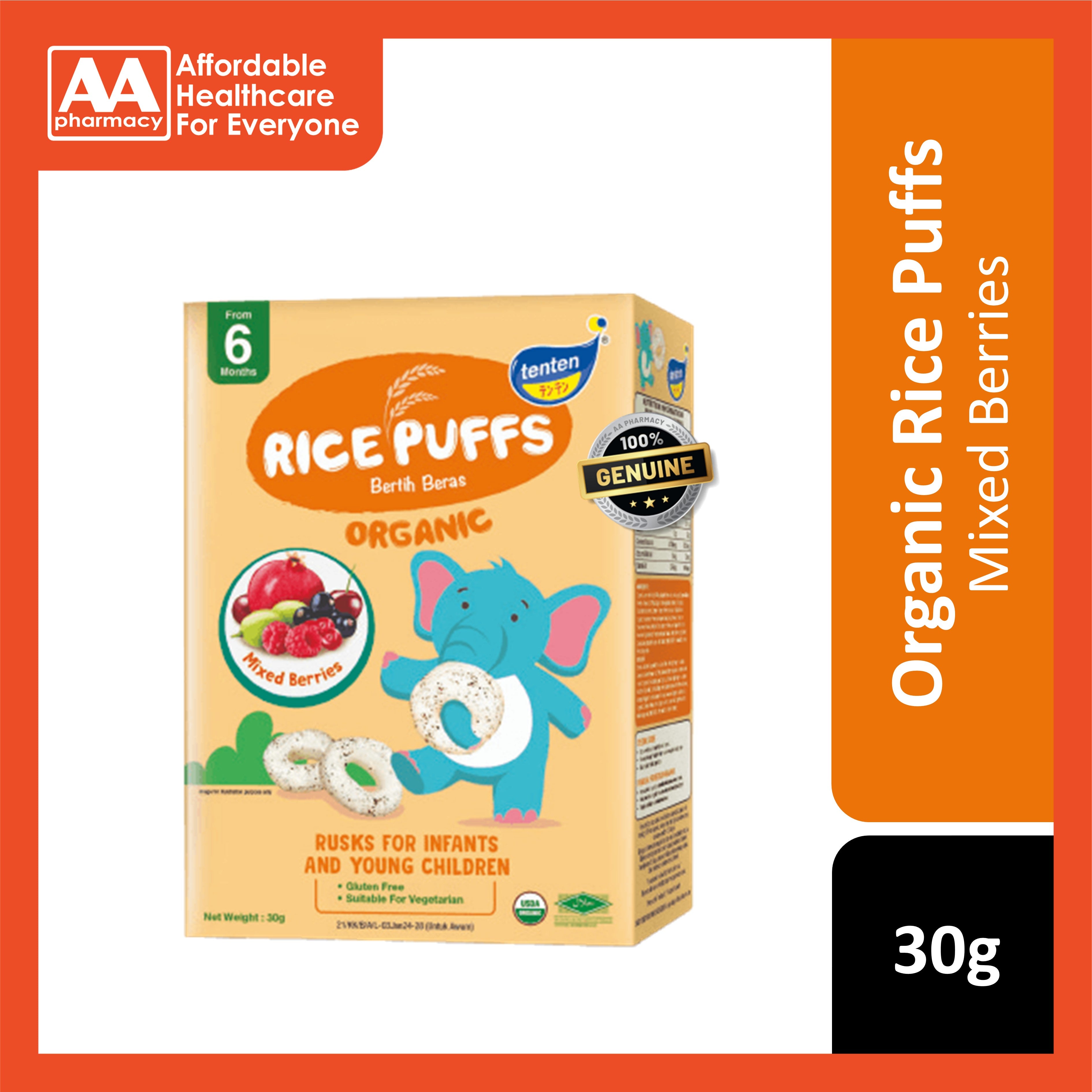 Tenten Organic Rice Puffs (Mixed Berries) 30g - For 6 Months+