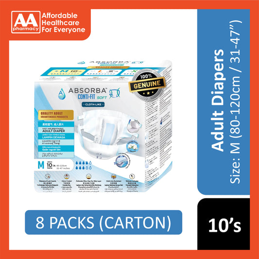Absorba Conti-Fit Soft Adult Diapers Size M 10's (80-120cm / 31-47 inches) [8 Packs/Carton]