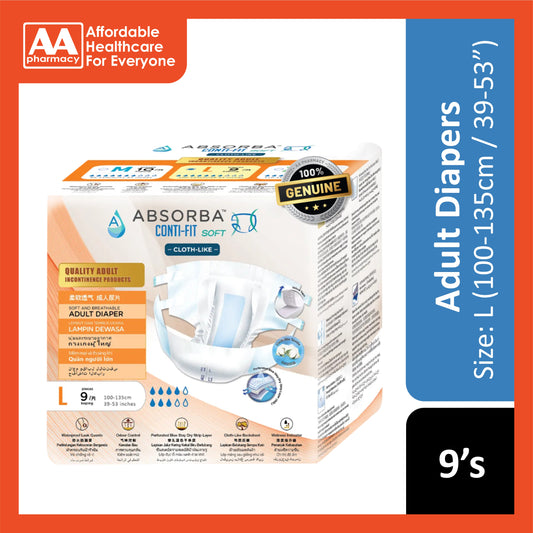 Absorba Conti-Fit Soft Adult Diapers Size L 9's (100-135cm / 39-53 inches)