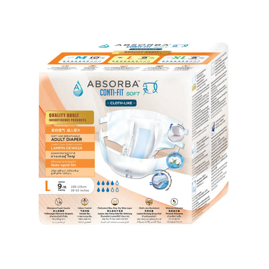 Absorba Conti-Fit Soft Adult Diapers Size L 9's (100-135cm / 39-53 inches)